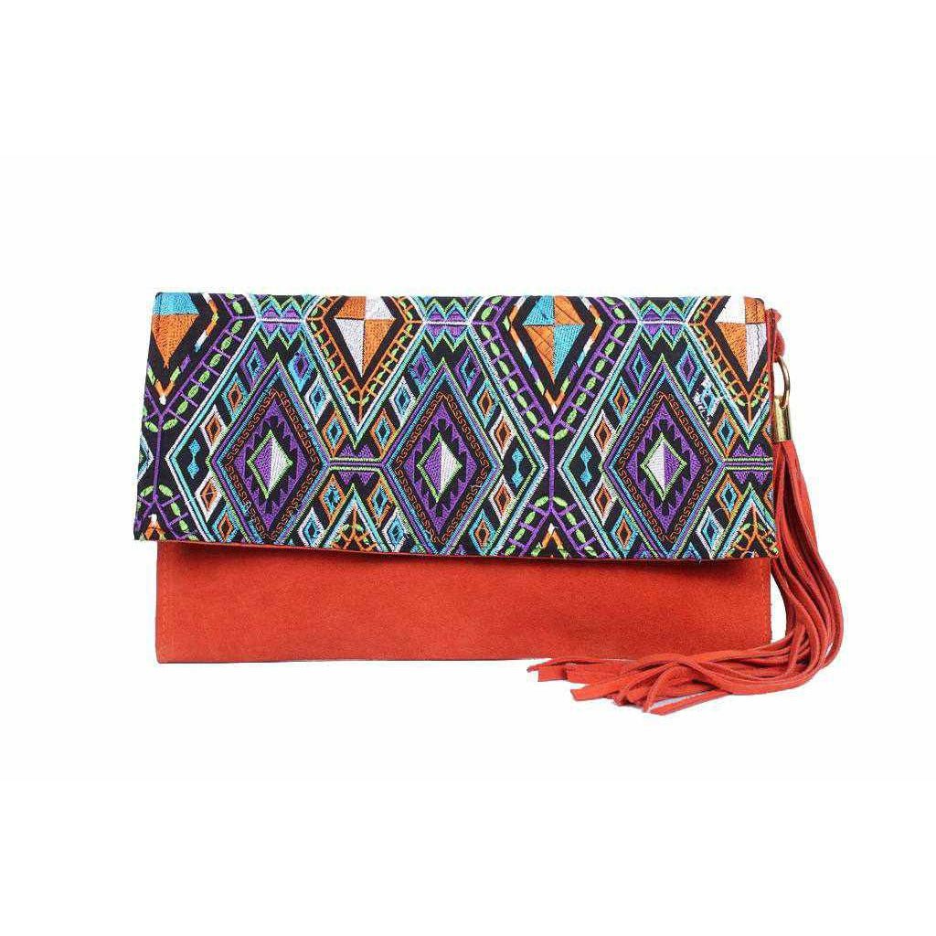 Leather Clutch with Geometric Embroidery Bag - Thailand Bags La Vie Bien Leather Clutch with Geometric Embroidery Bag - Thailand