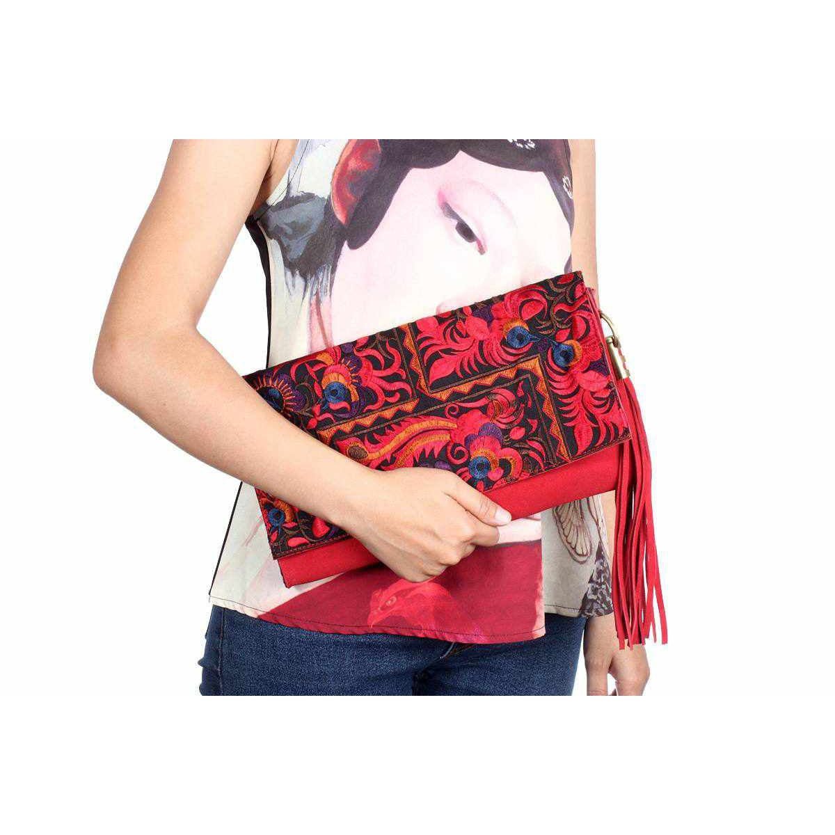 Leather Clutch with Geometric Embroidery Bag - Thailand Bags La Vie Bien Leather Clutch with Geometric Embroidery Bag - Thailand