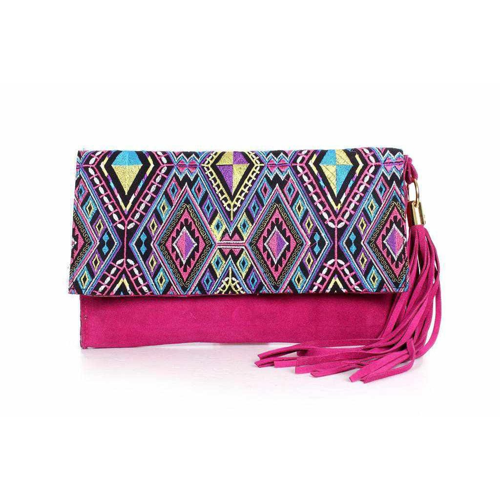 Leather Clutch with Geometric Embroidery Bag - Thailand Bags La Vie Bien Leather Clutch with Geometric Embroidery Bag - Thailand