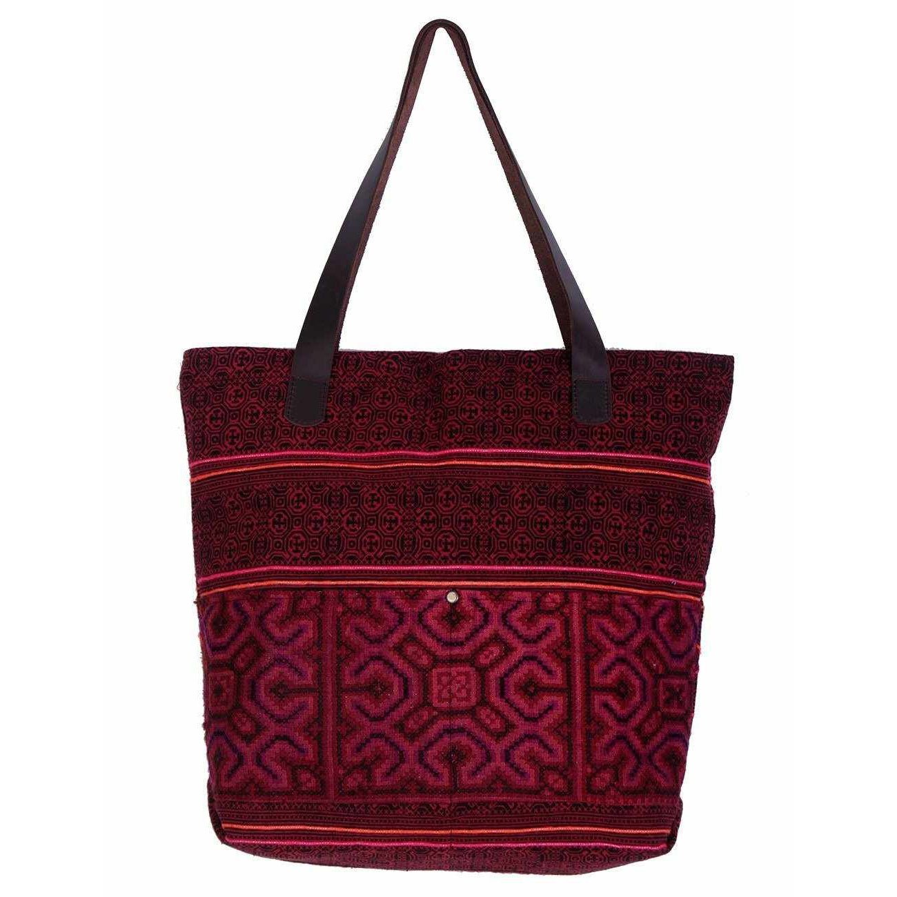 Leather Embroidered Texile Hmong Tote - Thailand Bags La Vie Bien Leather Embroidered Texile Hmong Tote - Thailand