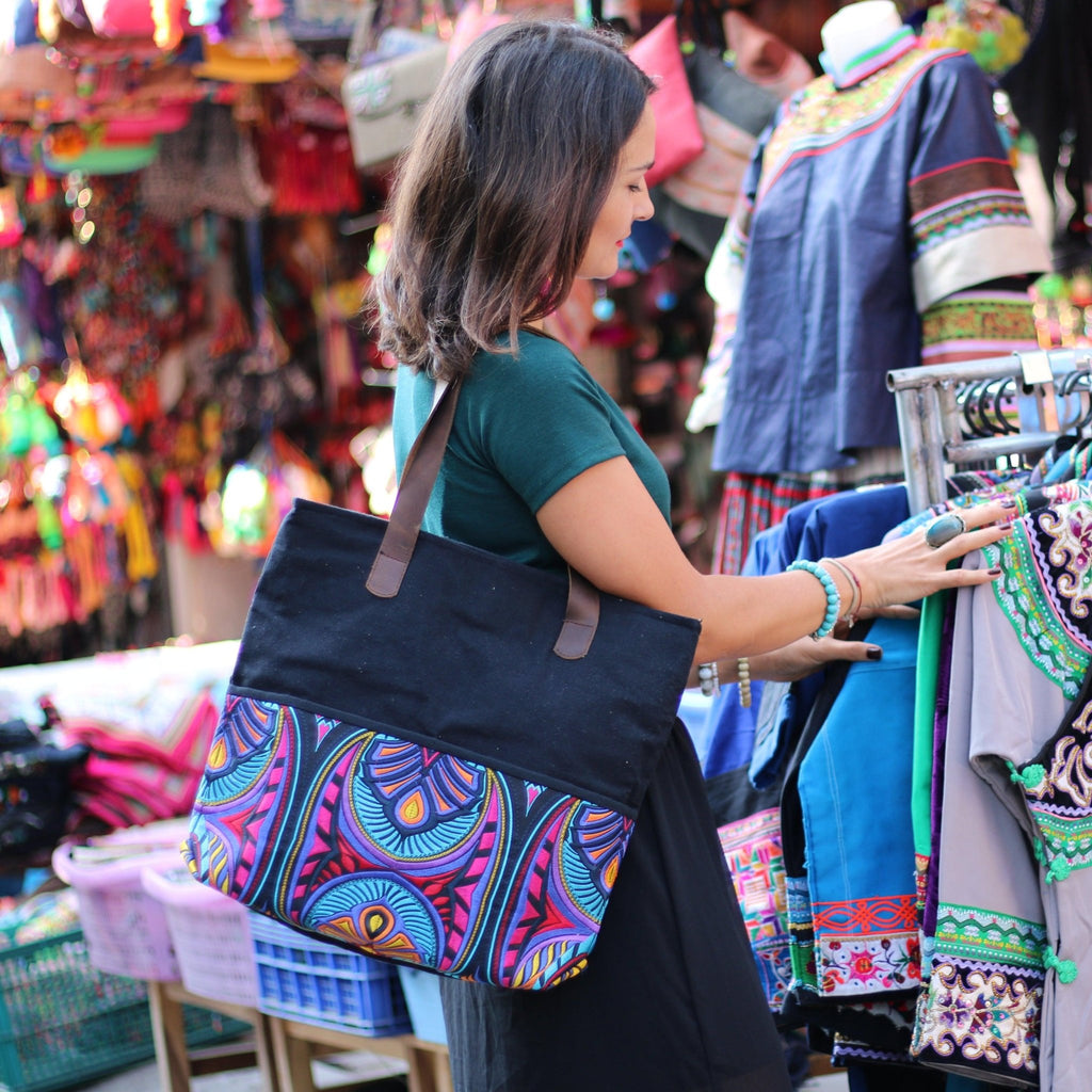 Leather Embroidered Texile Hmong Tote - Thailand Bags La Vie Bien Leather Embroidered Texile Hmong Tote - Thailand