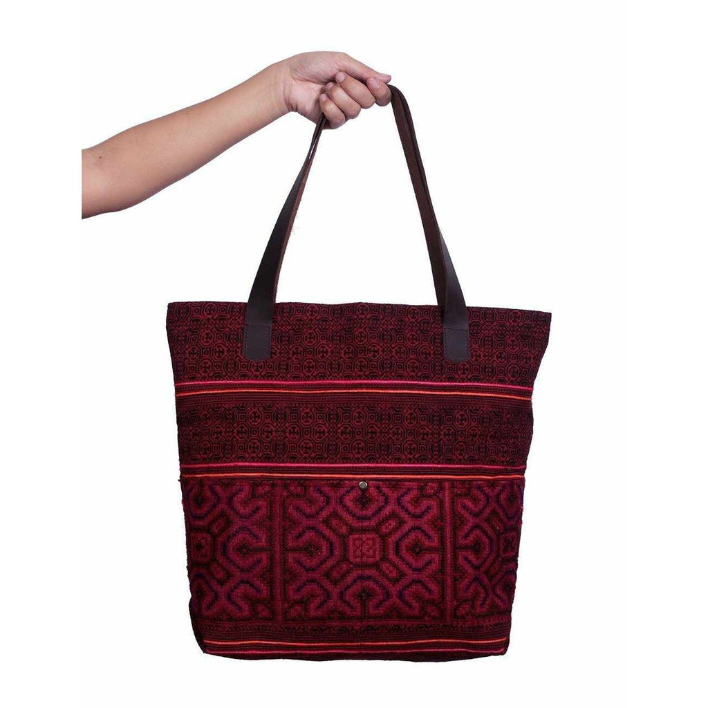 Leather Embroidered Texile Hmong Tote - Thailand Bags La Vie Bien Leather Embroidered Texile Hmong Tote - Thailand