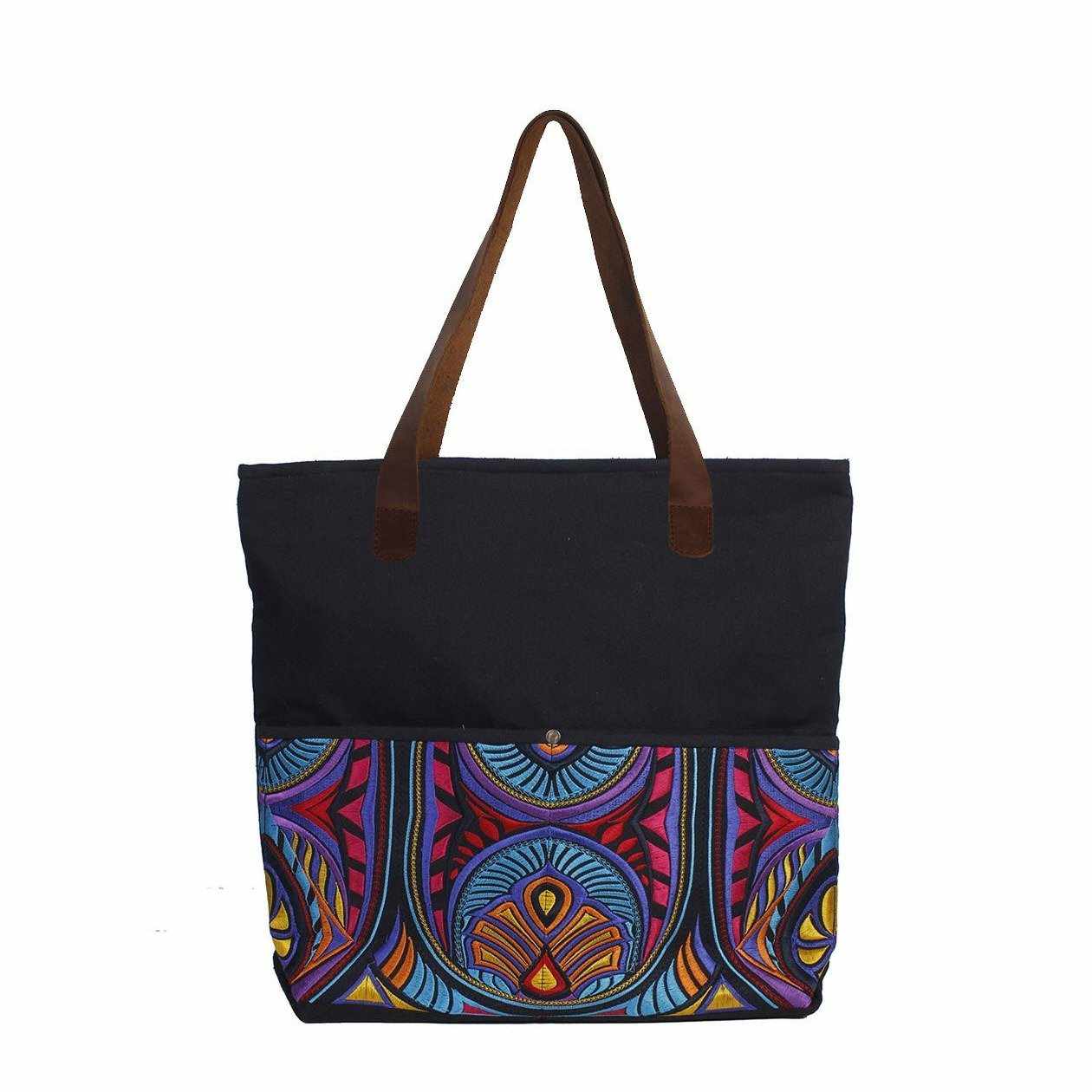 Leather Embroidered Texile Hmong Tote - Thailand Bags La Vie Bien Leather Embroidered Texile Hmong Tote - Thailand