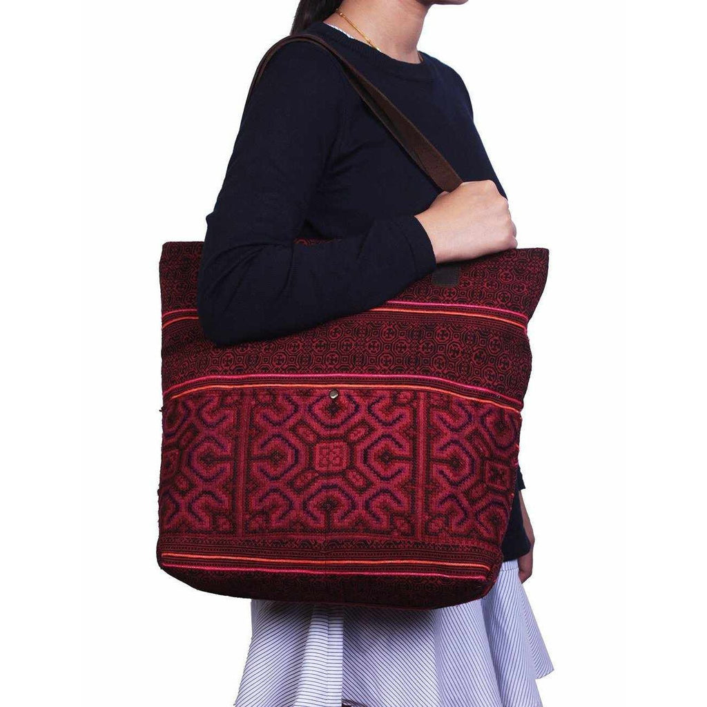 Leather Embroidered Texile Hmong Tote - Thailand Bags La Vie Bien Leather Embroidered Texile Hmong Tote - Thailand