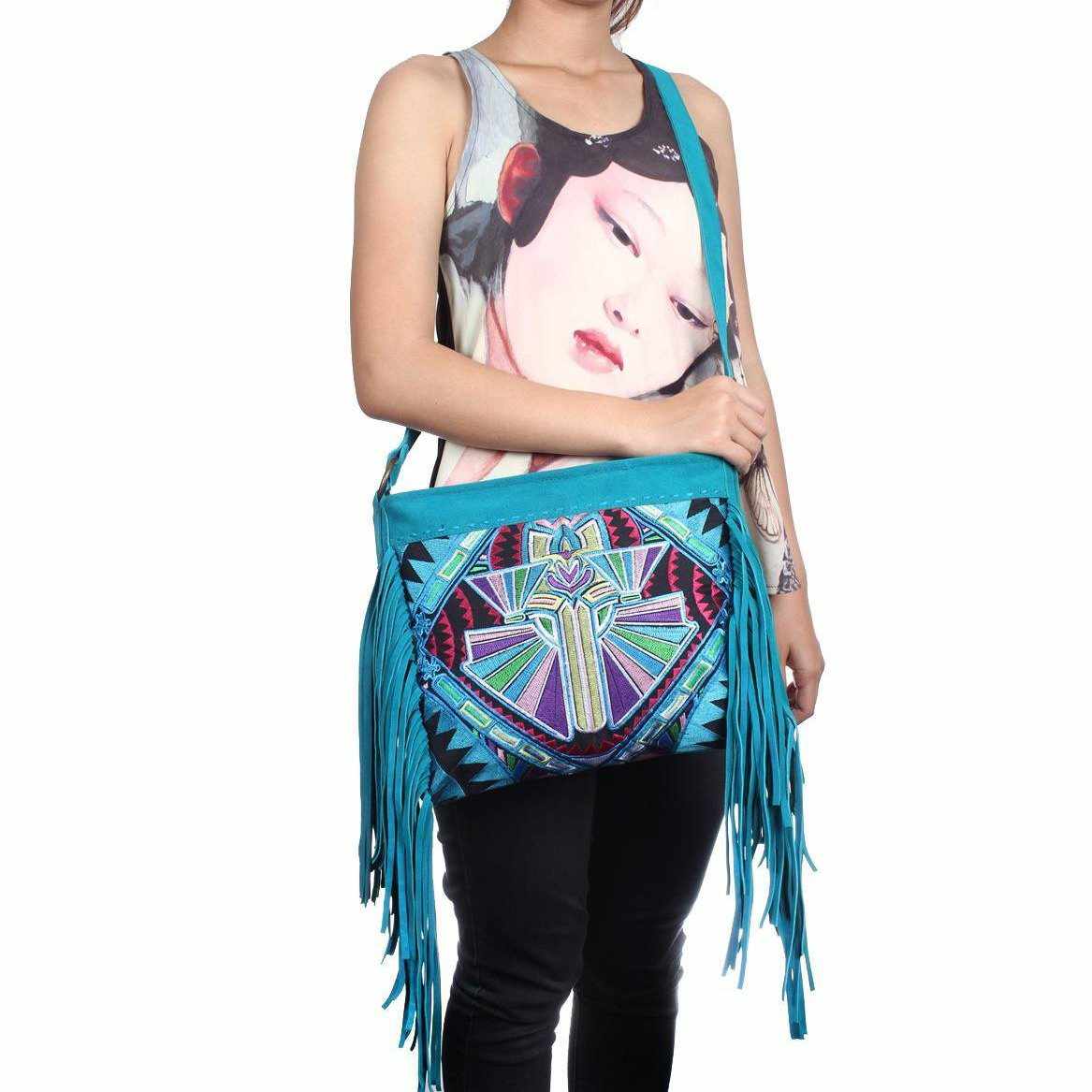 Leather Fringe Embroidered Crossbody Bag - Thailand Bags La Vie Bien Leather Fringe Embroidered Crossbody Bag - Thailand