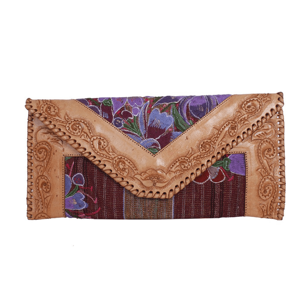 Leather Stamped Upcycled Zinacantan Clutch Bag - Mexico Bags La Vie Bien Leather Stamped Upcycled Zinacantan Clutch Bag - Mexico