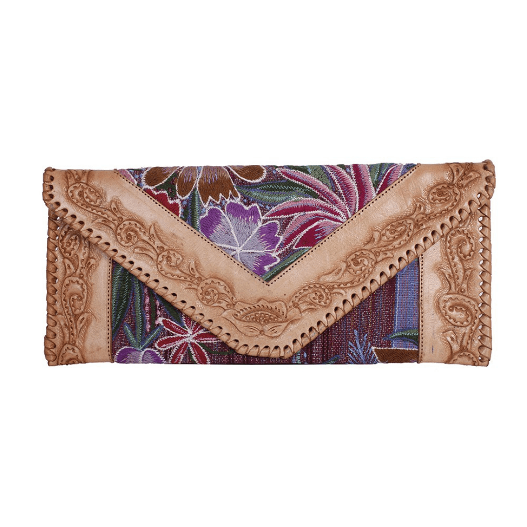 Leather Stamped Upcycled Zinacantan Clutch Bag - Mexico Bags La Vie Bien Leather Stamped Upcycled Zinacantan Clutch Bag - Mexico