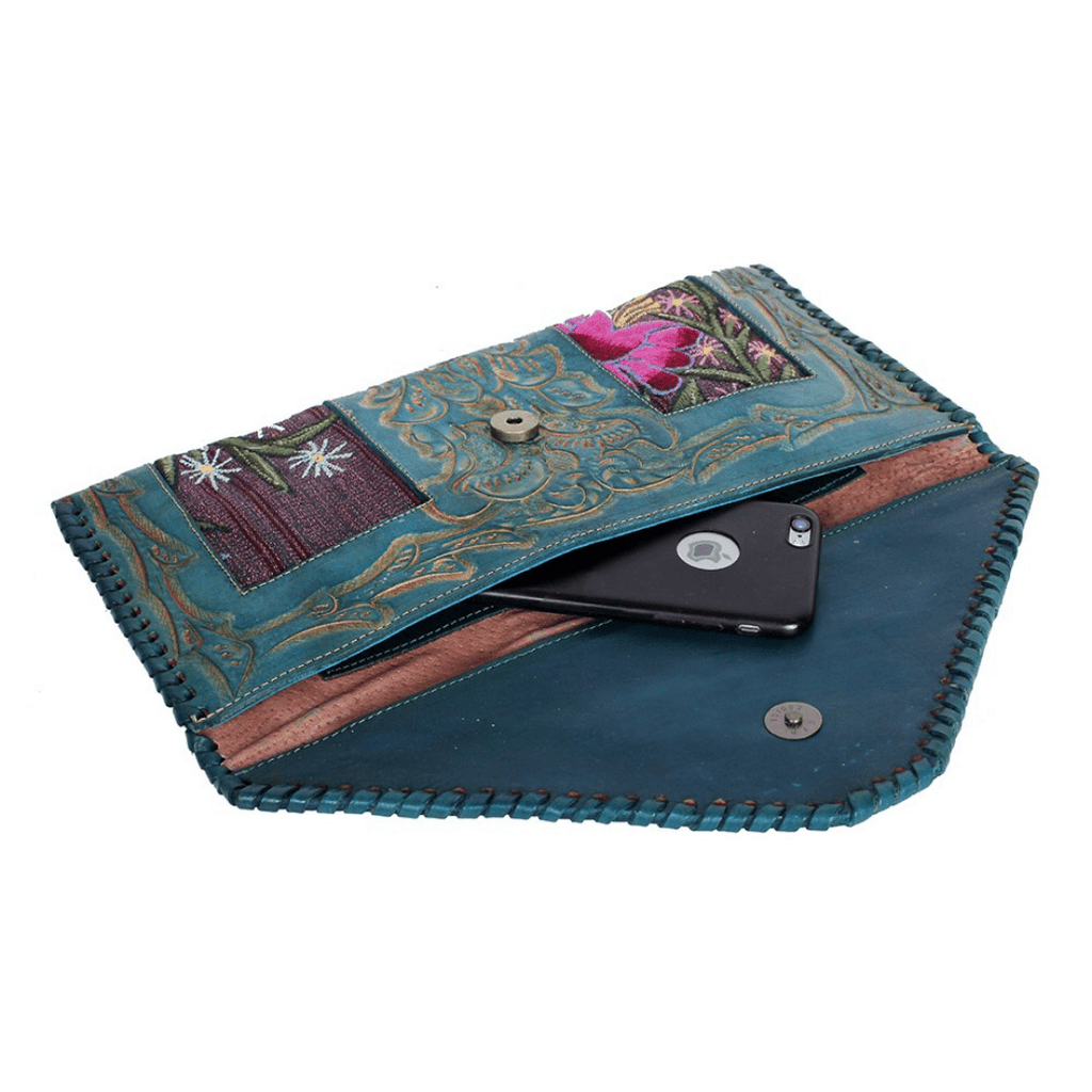 Leather Stamped Upcycled Zinacantan Clutch Bag - Mexico Bags La Vie Bien Leather Stamped Upcycled Zinacantan Clutch Bag - Mexico