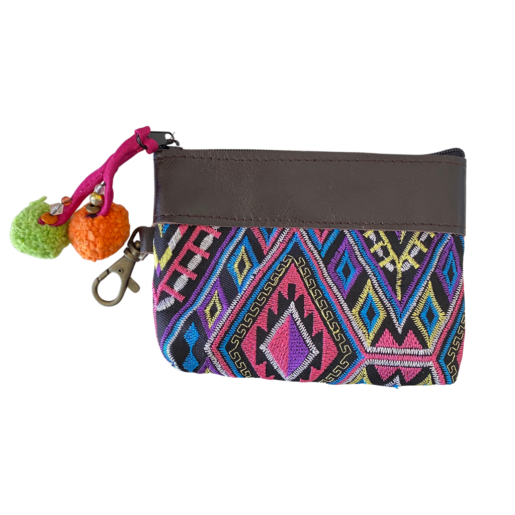 Leather Trim Embroidered Geometric Coin Purse - Thailand Bags La Vie Bien Leather Trim Embroidered Geometric Coin Purse - Thailand