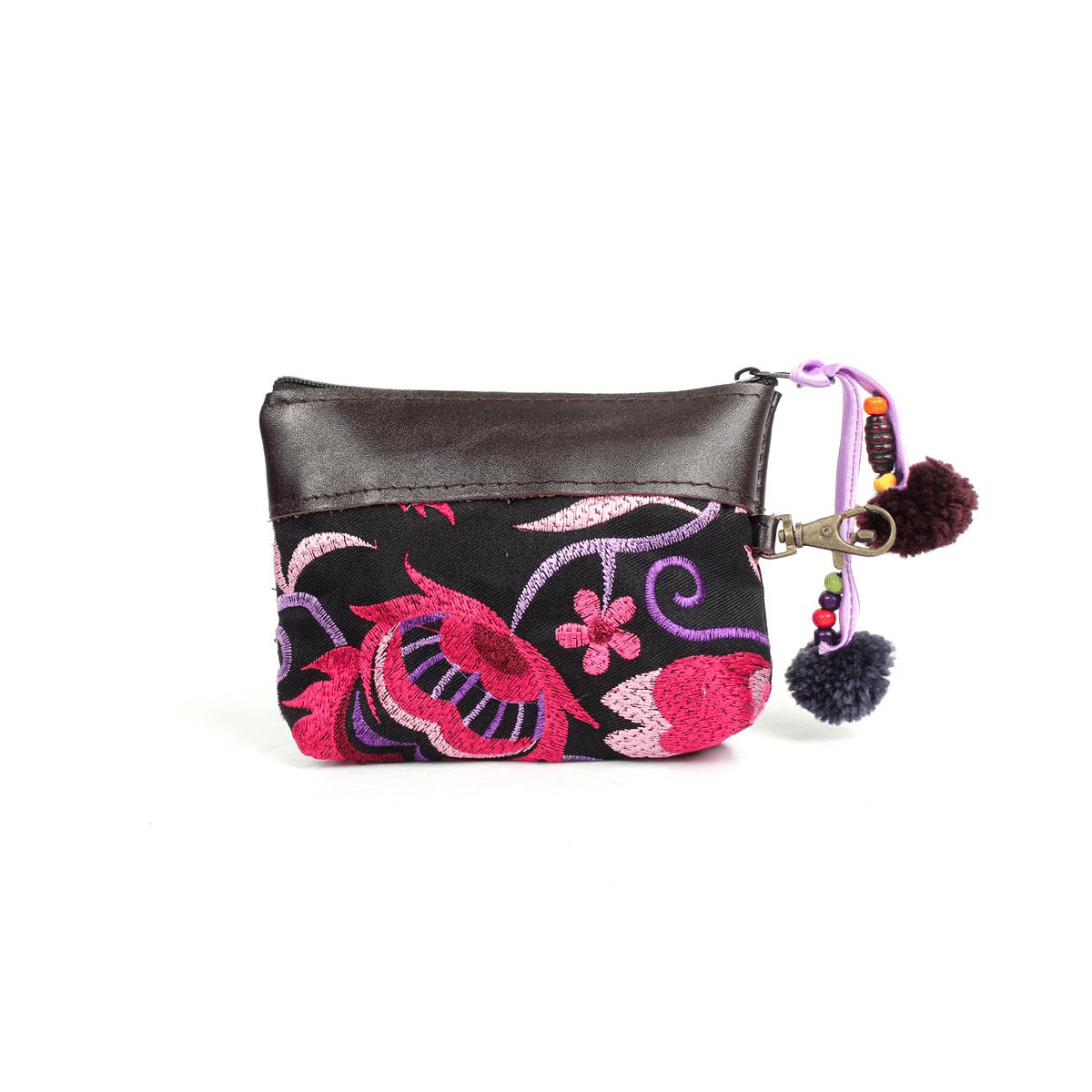 Leather Trim Embroidered Geometric Coin Purse - Thailand Bags La Vie Bien Leather Trim Embroidered Geometric Coin Purse - Thailand