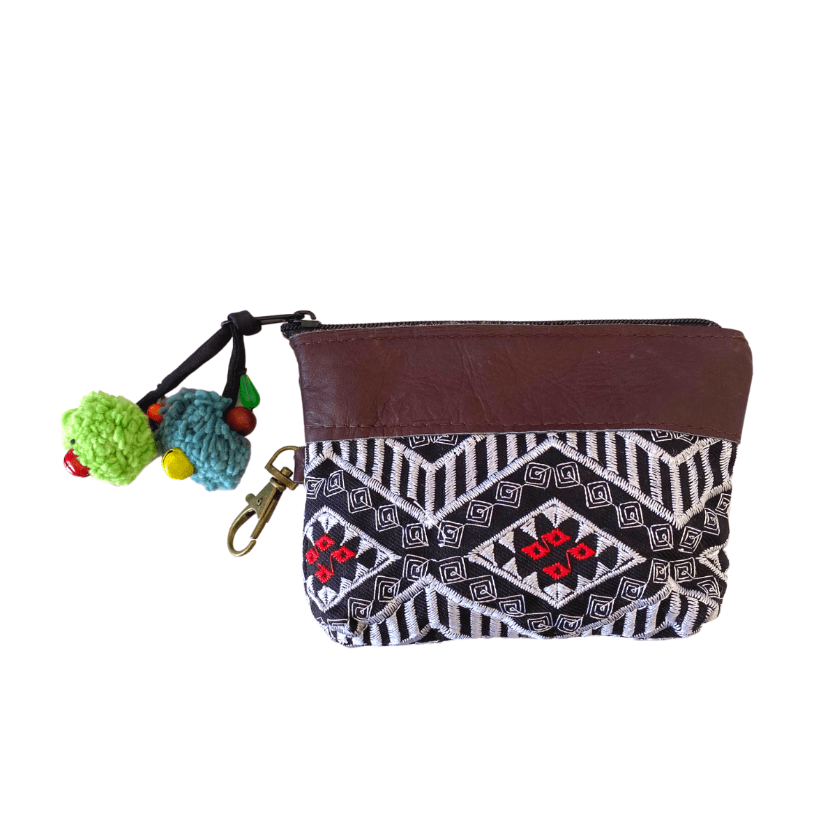 Leather Trim Embroidered Geometric Coin Purse - Thailand Bags La Vie Bien Leather Trim Embroidered Geometric Coin Purse - Thailand