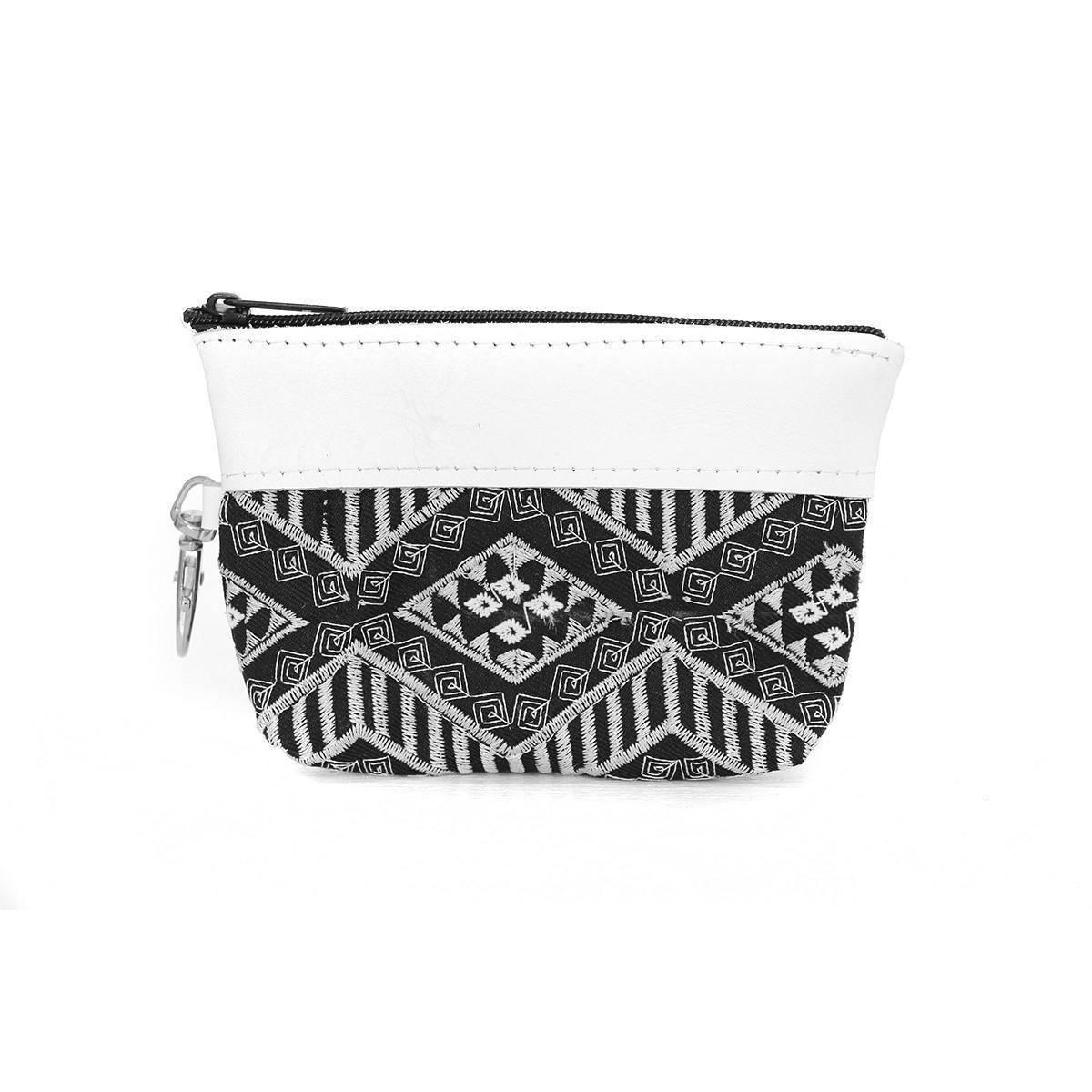 Leather Trim Embroidered Geometric Coin Purse - Thailand Bags La Vie Bien Leather Trim Embroidered Geometric Coin Purse - Thailand