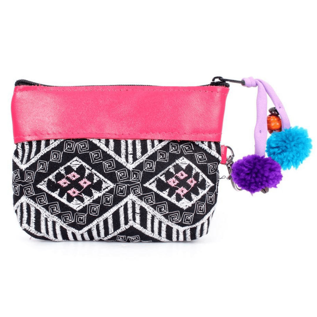 Leather Trim Embroidered Geometric Coin Purse - Thailand Bags La Vie Bien Leather Trim Embroidered Geometric Coin Purse - Thailand