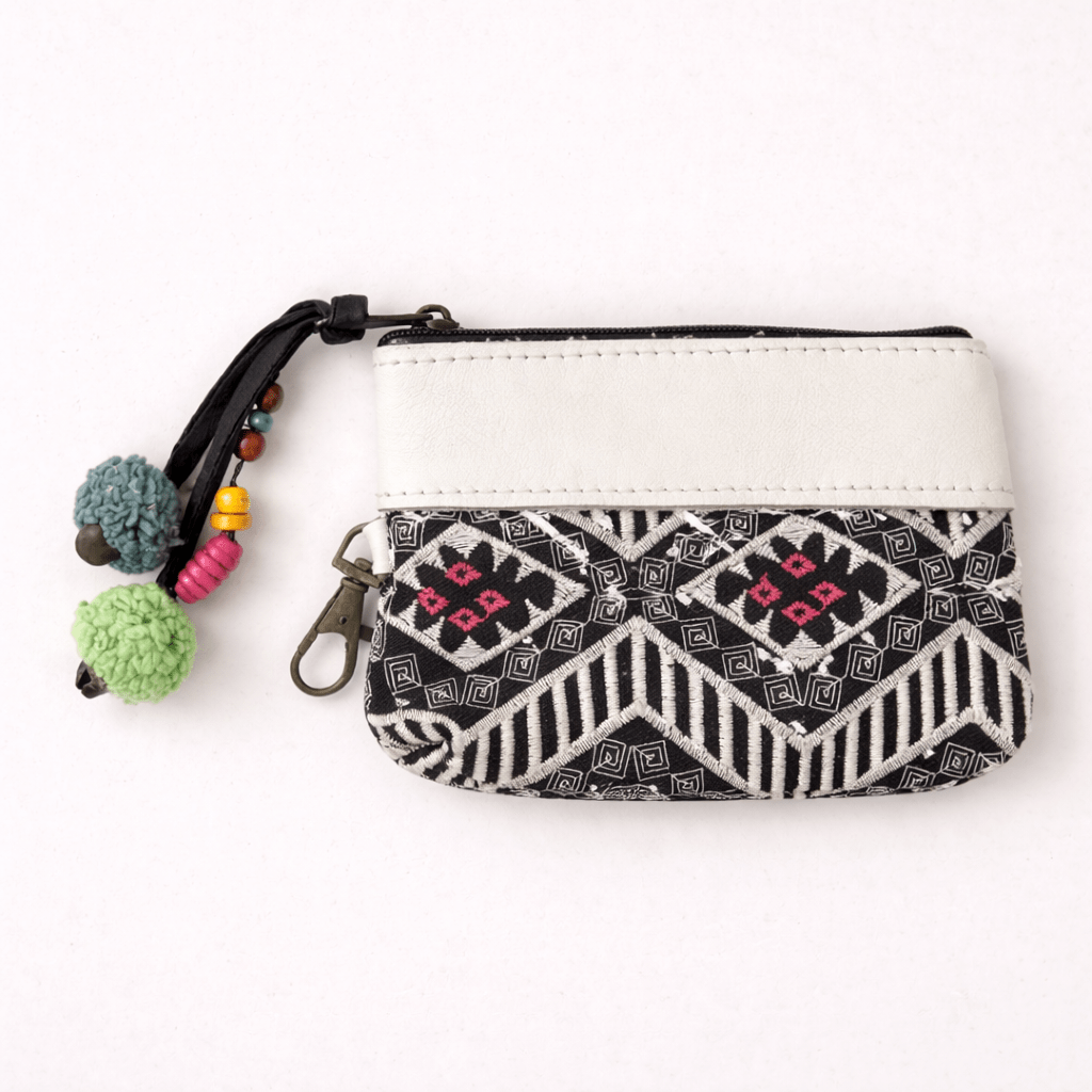 Leather Trim Embroidered Geometric Coin Purse - Thailand Bags La Vie Bien Leather Trim Embroidered Geometric Coin Purse - Thailand
