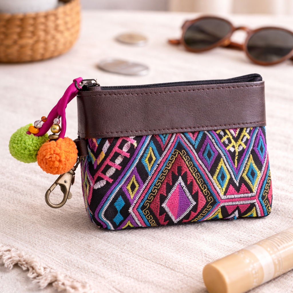 Leather Trim Embroidered Geometric Coin Purse - Thailand Bags La Vie Bien Leather Trim Embroidered Geometric Coin Purse - Thailand