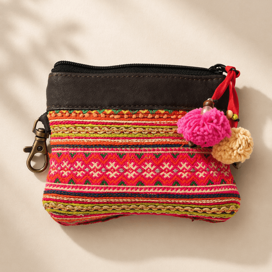 Leather Vintage Upcycled Hmong Textile Coin Purse - Thailand Coin Purses La Vie Bien Leather Vintage Upcycled Hmong Textile Coin Purse - Thailand