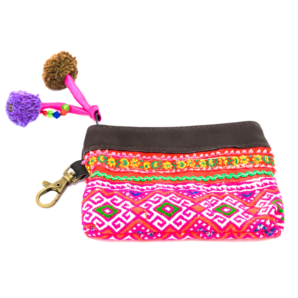 Leather Vintage Upcycled Hmong Textile Coin Purse - Thailand Coin Purses La Vie Bien Leather Vintage Upcycled Hmong Textile Coin Purse - Thailand