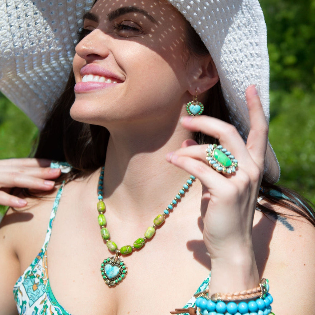 Legacy Heart Lime Green and Blue Turquoise Golden Drop Earrings Earrings La Vie Bien Legacy Heart Lime Green and Blue Turquoise Golden Drop Earrings