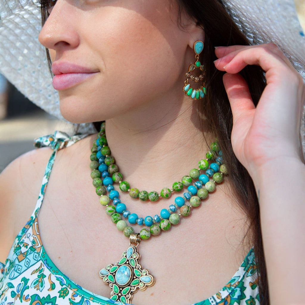 Legacy Lime Green and Blue Turquoise Golden Cross Pendant Statement Necklace Necklace La Vie Bien Legacy Lime Green and Blue Turquoise Golden Cross Pendant Statement Necklace
