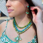 Legacy Lime Green and Blue Turquoise Golden Cross Pendant Statement Necklace Necklace La Vie Bien Legacy Lime Green and Blue Turquoise Golden Cross Pendant Statement Necklace