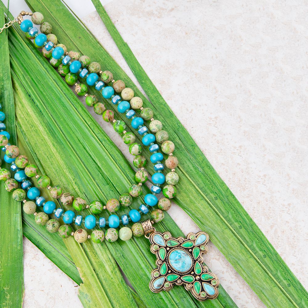 Legacy Lime Green and Blue Turquoise Golden Cross Pendant Statement Necklace Necklace La Vie Bien Legacy Lime Green and Blue Turquoise Golden Cross Pendant Statement Necklace