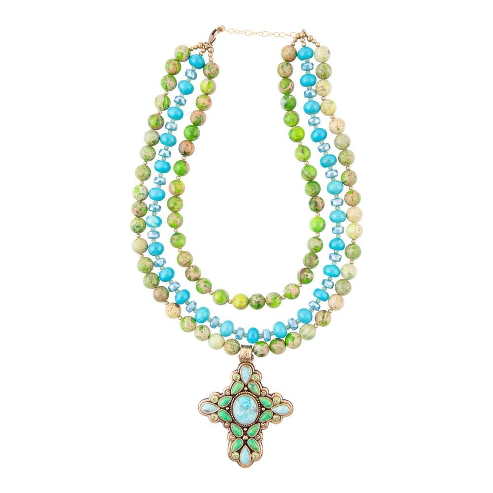 Legacy Lime Green and Blue Turquoise Golden Cross Pendant Statement Necklace Necklace La Vie Bien Legacy Lime Green and Blue Turquoise Golden Cross Pendant Statement Necklace