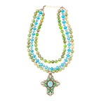 Legacy Lime Green and Blue Turquoise Golden Cross Pendant Statement Necklace Necklace La Vie Bien Legacy Lime Green and Blue Turquoise Golden Cross Pendant Statement Necklace