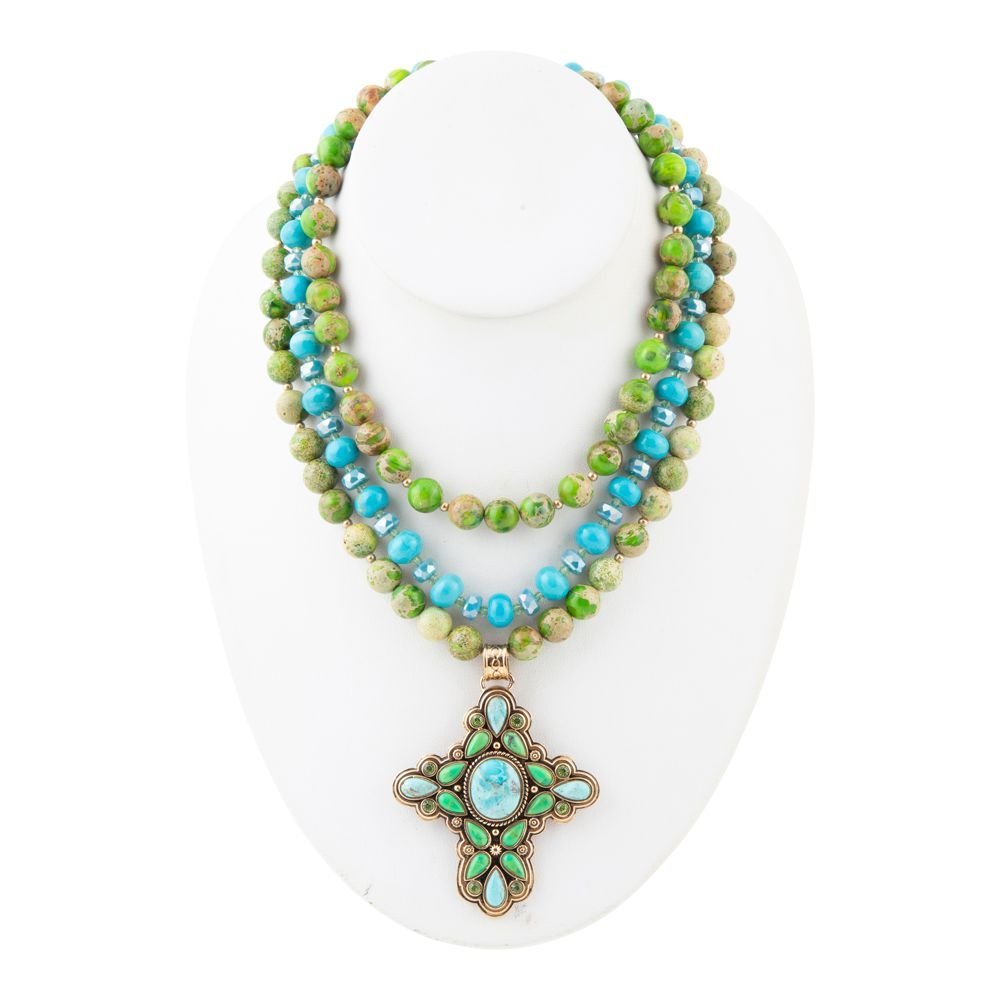 Legacy Lime Green and Blue Turquoise Golden Cross Pendant Statement Necklace Necklace La Vie Bien Legacy Lime Green and Blue Turquoise Golden Cross Pendant Statement Necklace