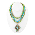 Legacy Lime Green and Blue Turquoise Golden Cross Pendant Statement Necklace Necklace La Vie Bien Legacy Lime Green and Blue Turquoise Golden Cross Pendant Statement Necklace