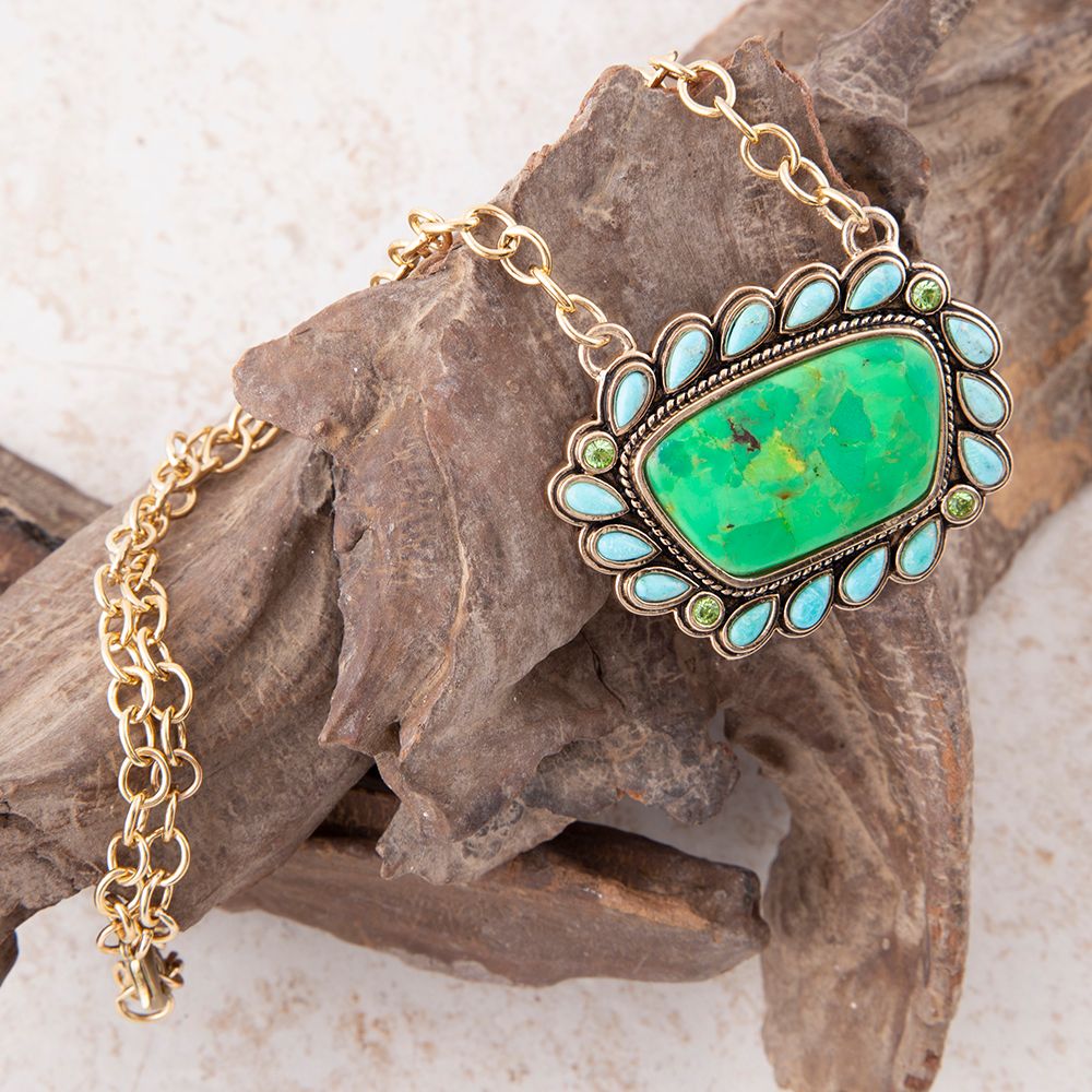 Legacy Lime Green and Blue Turquoise Golden Pendant Necklace Necklaces La Vie Bien Legacy Lime Green and Blue Turquoise Golden Pendant Necklace
