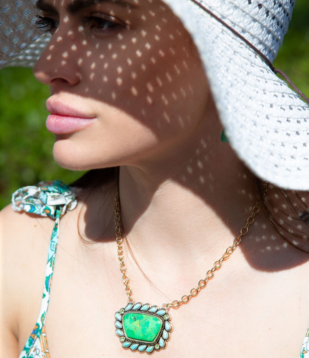 Legacy Lime Green and Blue Turquoise Golden Pendant Necklace Necklaces La Vie Bien Legacy Lime Green and Blue Turquoise Golden Pendant Necklace