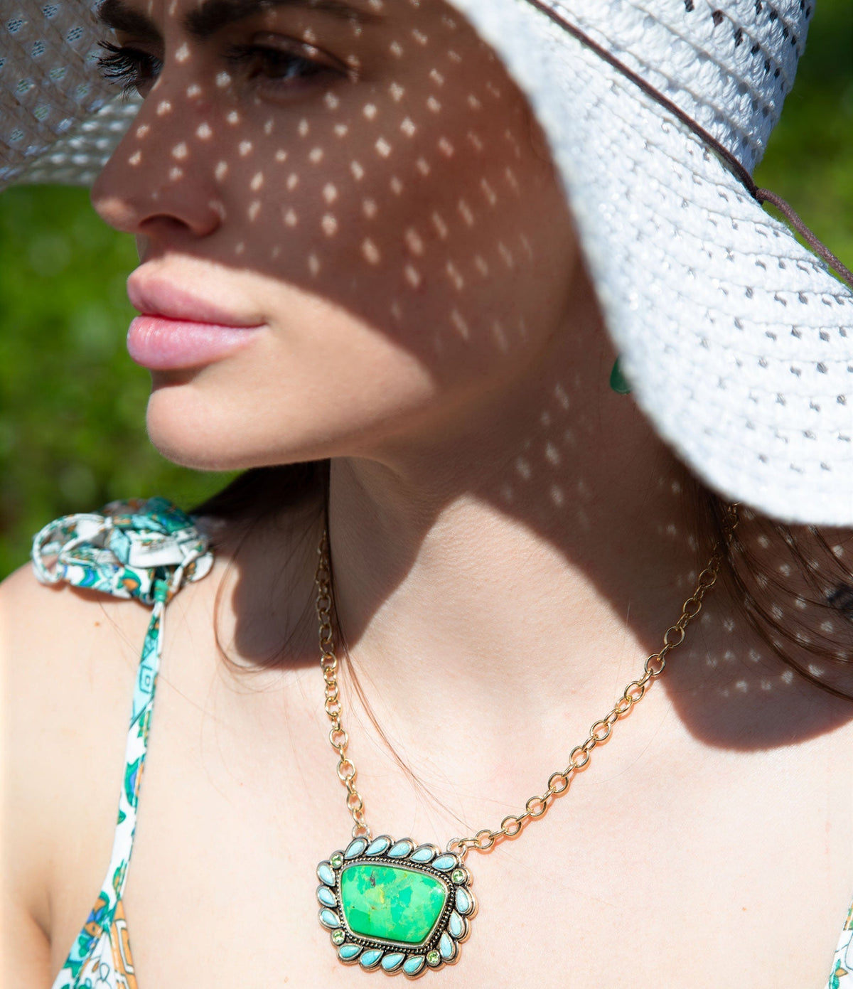 Legacy Lime Green and Blue Turquoise Golden Pendant Necklace Necklaces La Vie Bien Legacy Lime Green and Blue Turquoise Golden Pendant Necklace