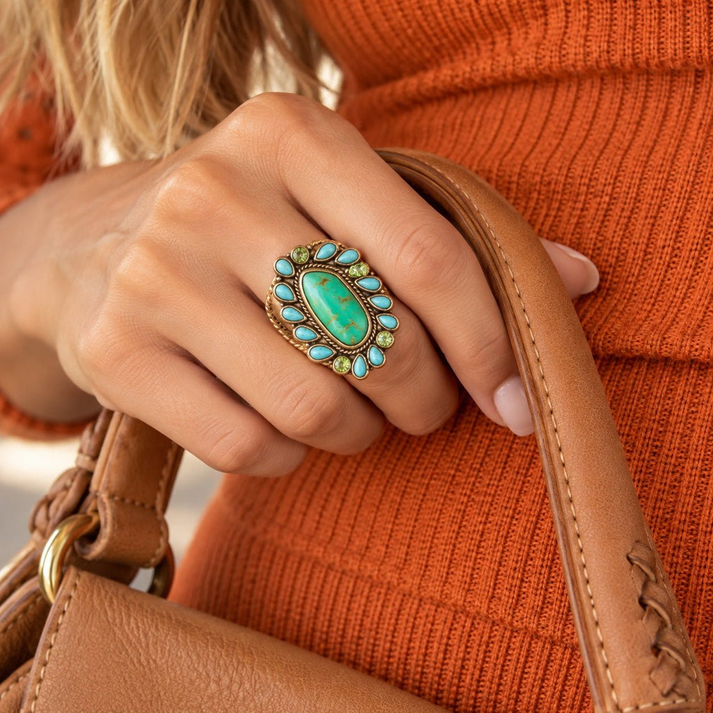 Legacy Lime Green and Blue Turquoise Golden Statement Ring Rings La Vie Bien Legacy Lime Green and Blue Turquoise Golden Statement Ring