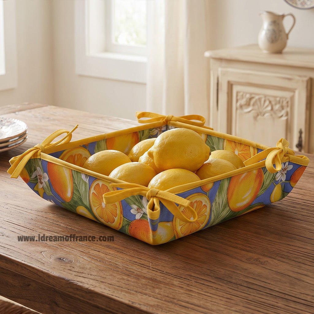 Lemons Blue Cotton Coated Bread Basket by Tissus Toselli Bread basket La Vie Bien Lemons Blue Cotton Coated Bread Basket by Tissus Toselli