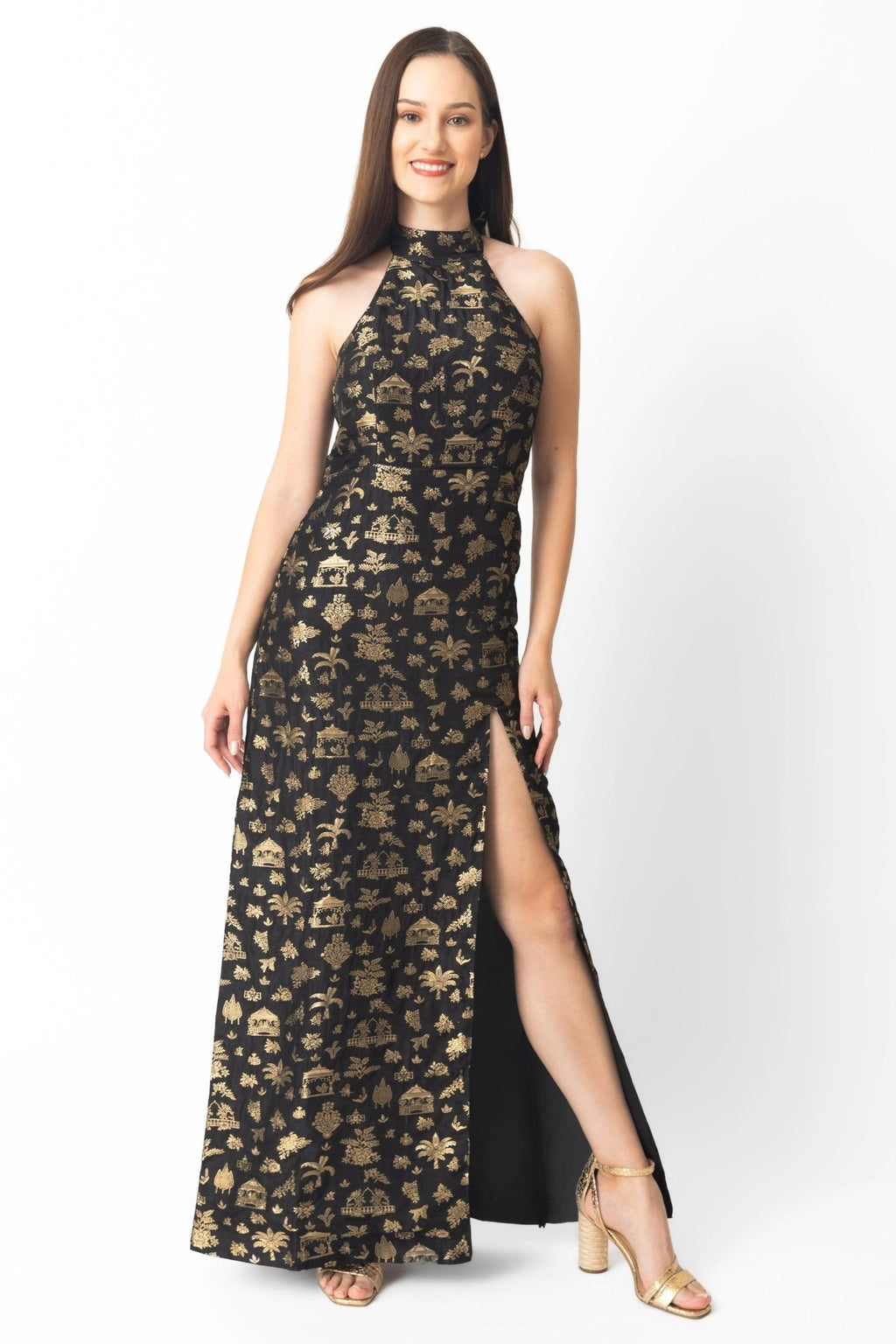 Leontine Black and Gold Long Dress with Slit by Raas