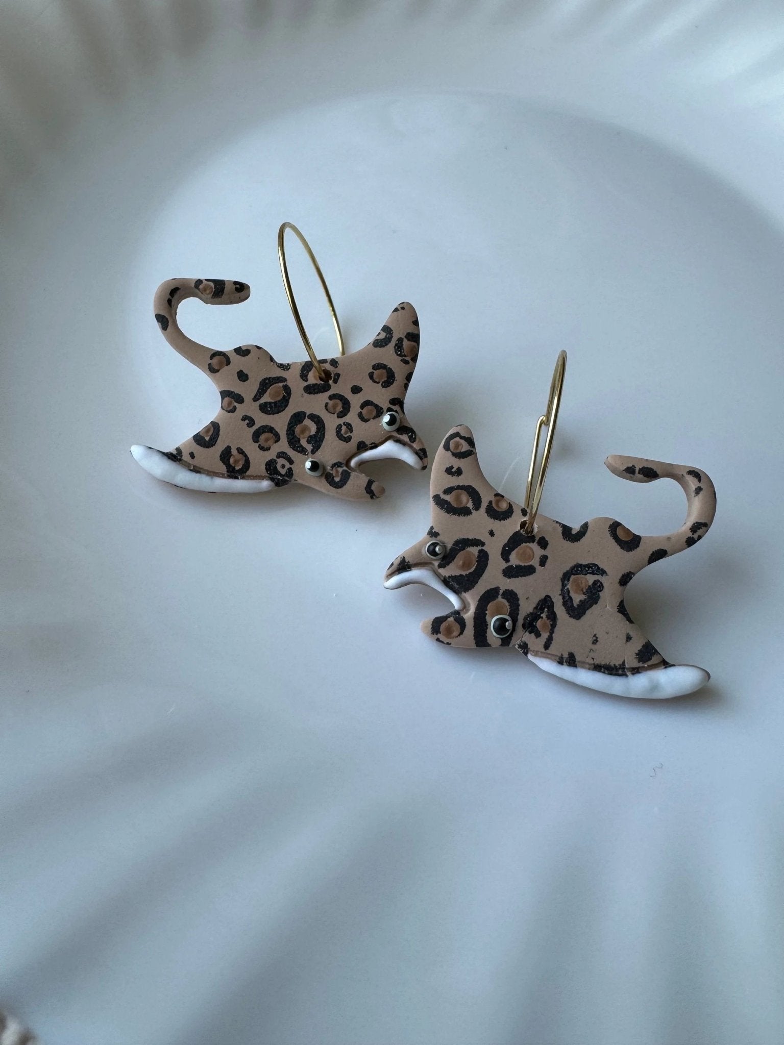 Leopard Rays earrings, 14k gold plated, handmade with polymer clay, Nickel free
