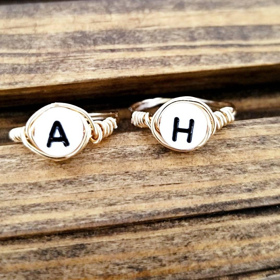 Letter Bead Wire Wrapped Initial Ring Finger Rings La Vie Bien Letter Bead Wire Wrapped Initial Ring