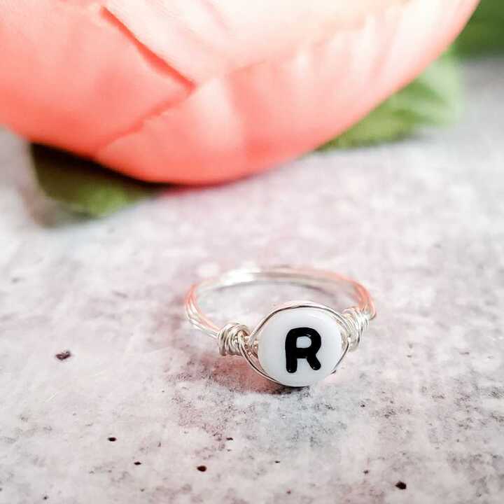 Letter Bead Wire Wrapped Initial Ring Finger Rings La Vie Bien Letter Bead Wire Wrapped Initial Ring