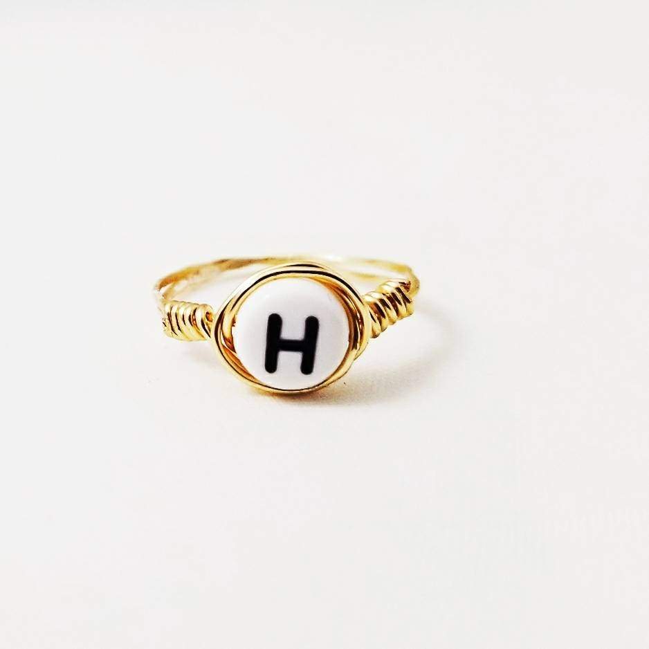 Letter Bead Wire Wrapped Initial Ring Finger Rings La Vie Bien Letter Bead Wire Wrapped Initial Ring