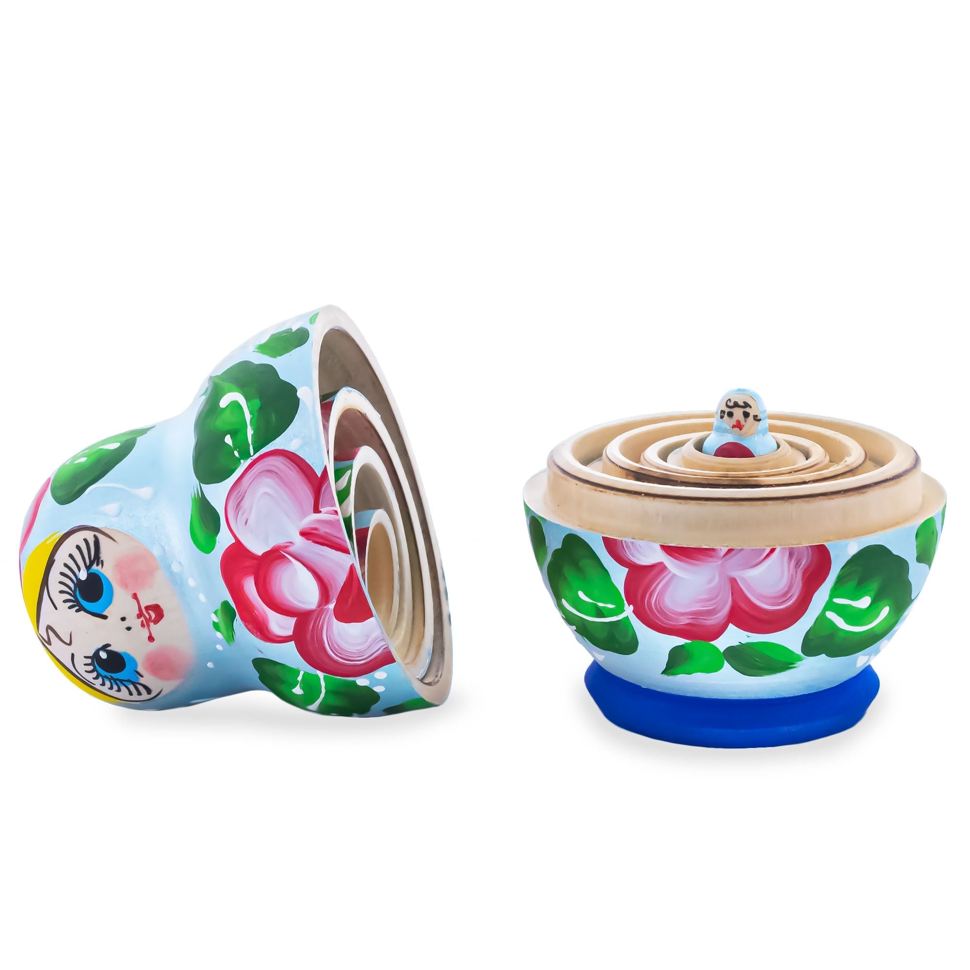 Light Blue Color with Red Flower Wooden Nesting Dolls Nesting Dolls > Flowers La Vie Bien Light Blue Color with Red Flower Wooden Nesting Dolls