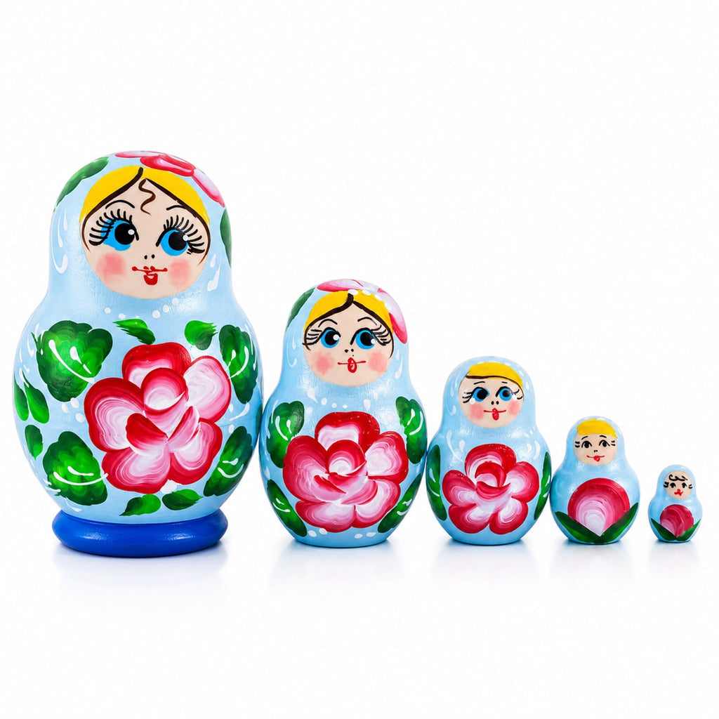 Light Blue Color with Red Flower Wooden Nesting Dolls Nesting Dolls > Flowers La Vie Bien Light Blue Color with Red Flower Wooden Nesting Dolls