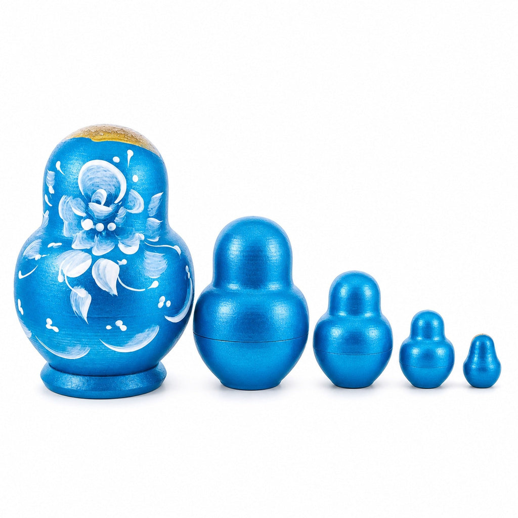Light Blue Color with White Flower Wooden Nesting Dolls Nesting Dolls > Flowers La Vie Bien Light Blue Color with White Flower Wooden Nesting Dolls