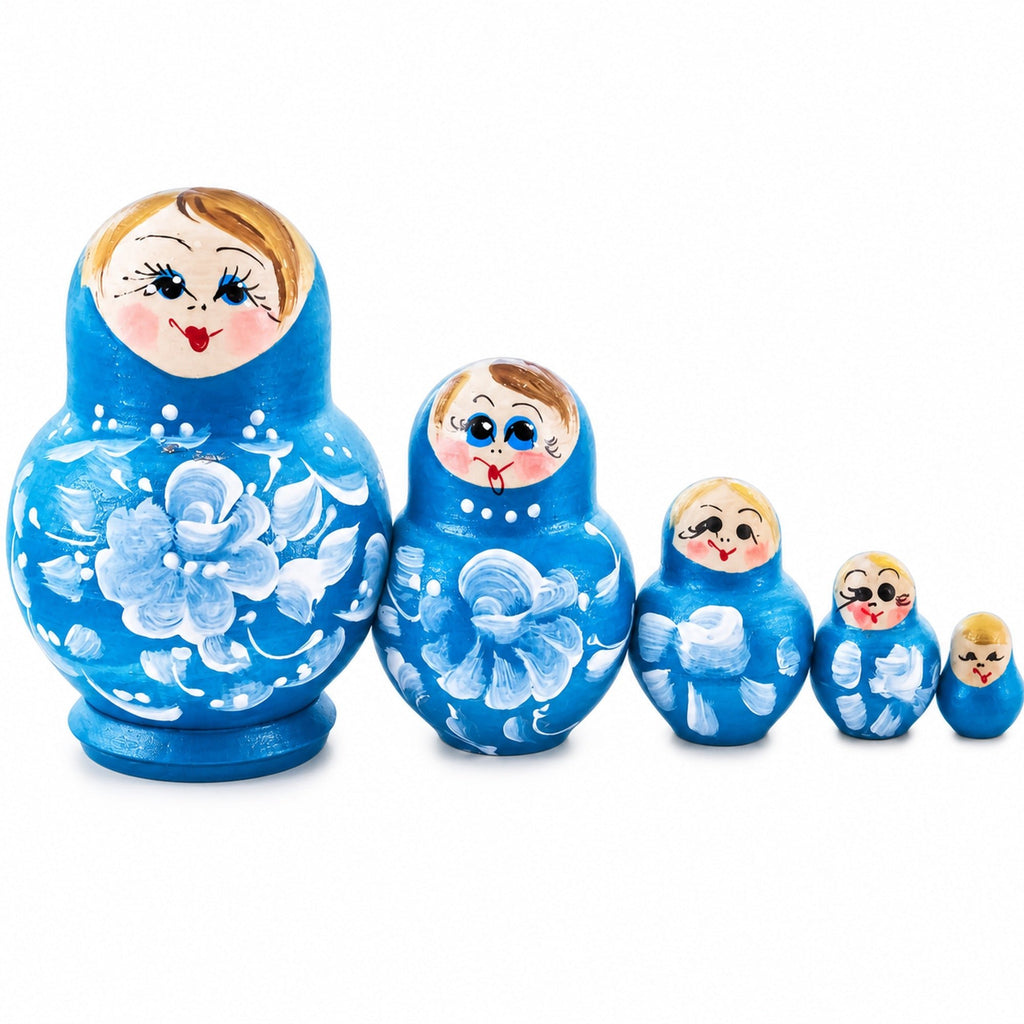 Light Blue Color with White Flower Wooden Nesting Dolls Nesting Dolls > Flowers La Vie Bien Light Blue Color with White Flower Wooden Nesting Dolls