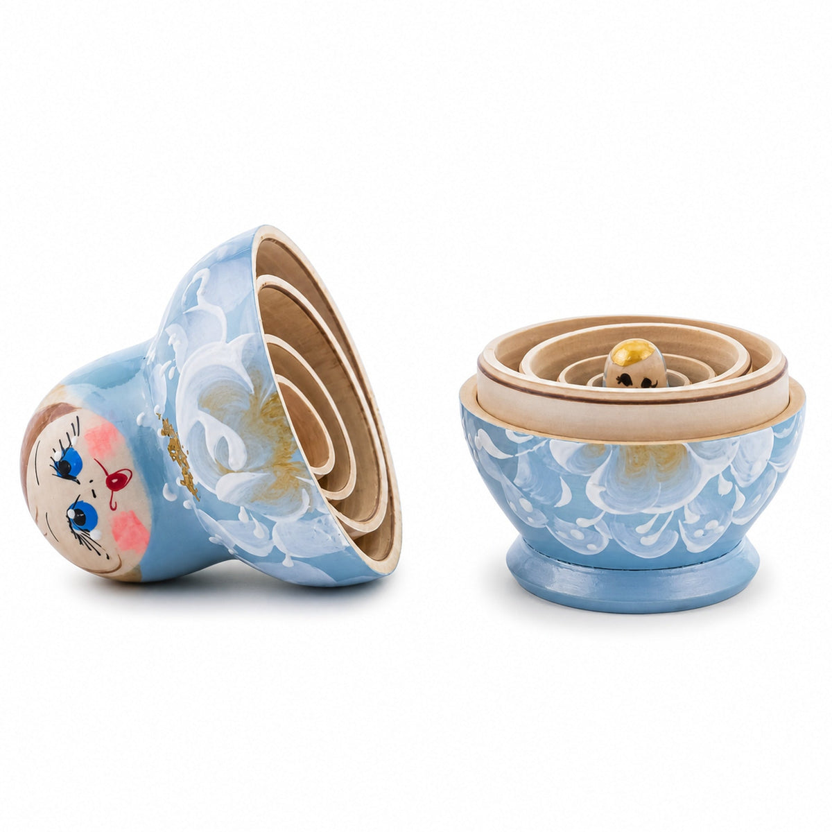 Light Blue Color with White Flowers Wooden Nesting Dolls Nesting Dolls > Flowers La Vie Bien Light Blue Color with White Flowers Wooden Nesting Dolls