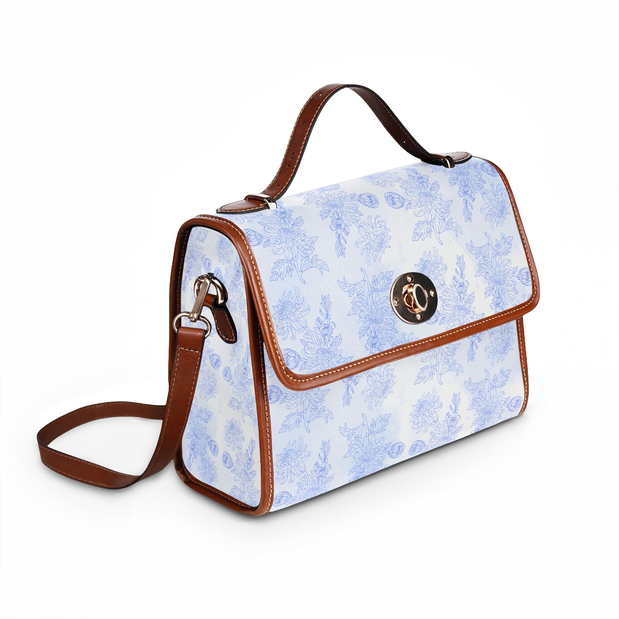 Light Blue Watercolor chrysanthemum pattern Floral Waterproof Canvas purse, elegant vegan leather botanical Handbag Bags La Vie Bien Light Blue Watercolor chrysanthemum pattern Floral Waterproof Canvas purse, elegant vegan leather botanical Handbag