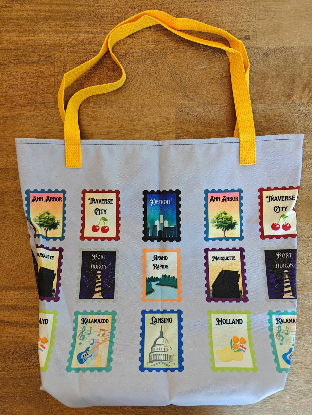 Lilac Michigan cities postage stamps Large Tote Bag for Michigander gifts - Original design by La Vie Bien Bags La Vie Bien Lilac Michigan cities postage stamps Large Tote Bag for Michigander gifts - Original design by La Vie Bien