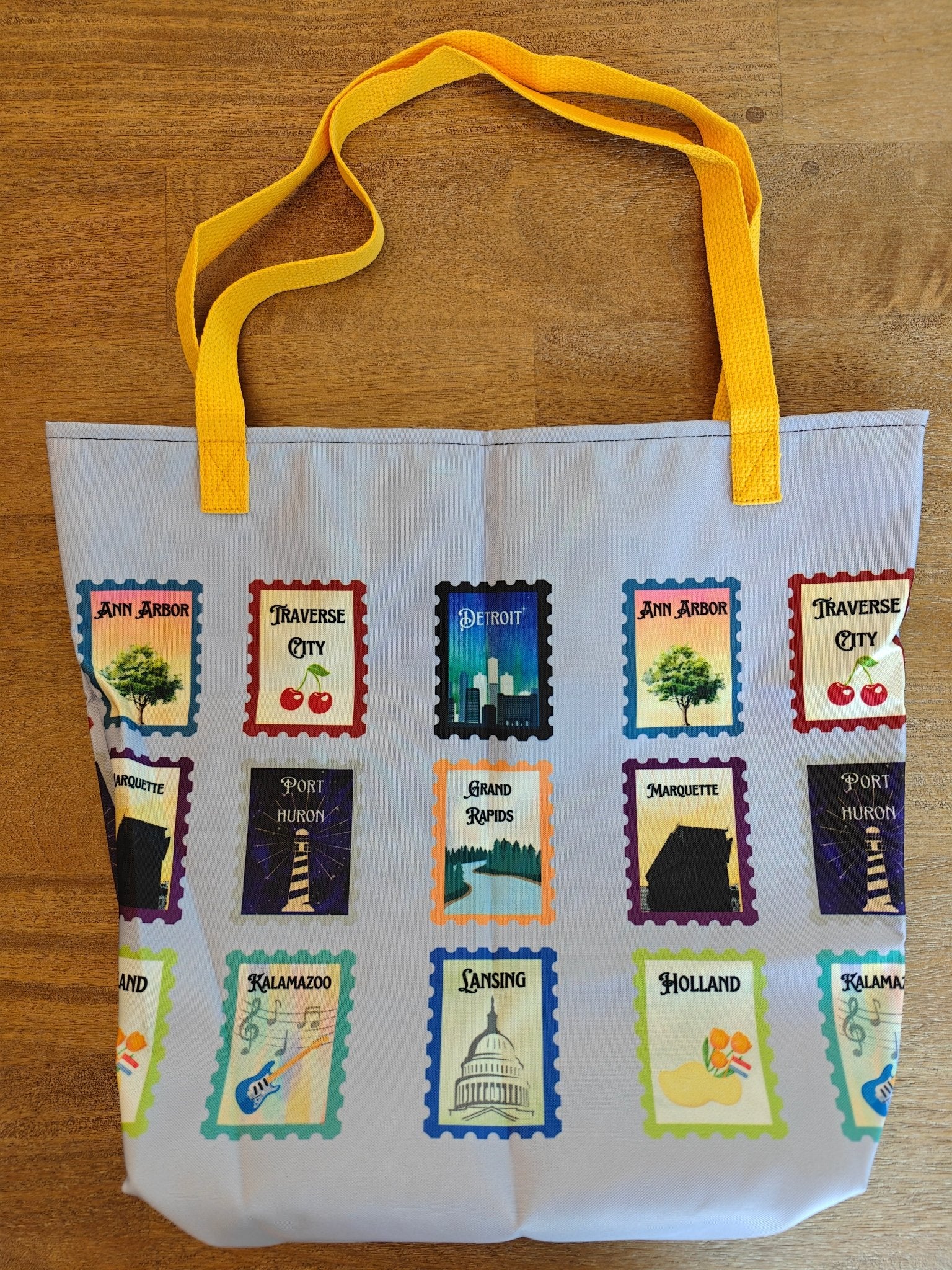 Lilac Michigan cities postage stamps Large Tote Bag for Michigander gifts - Original design by La Vie Bien Bags La Vie Bien Lilac Michigan cities postage stamps Large Tote Bag for Michigander gifts - Original design by La Vie Bien