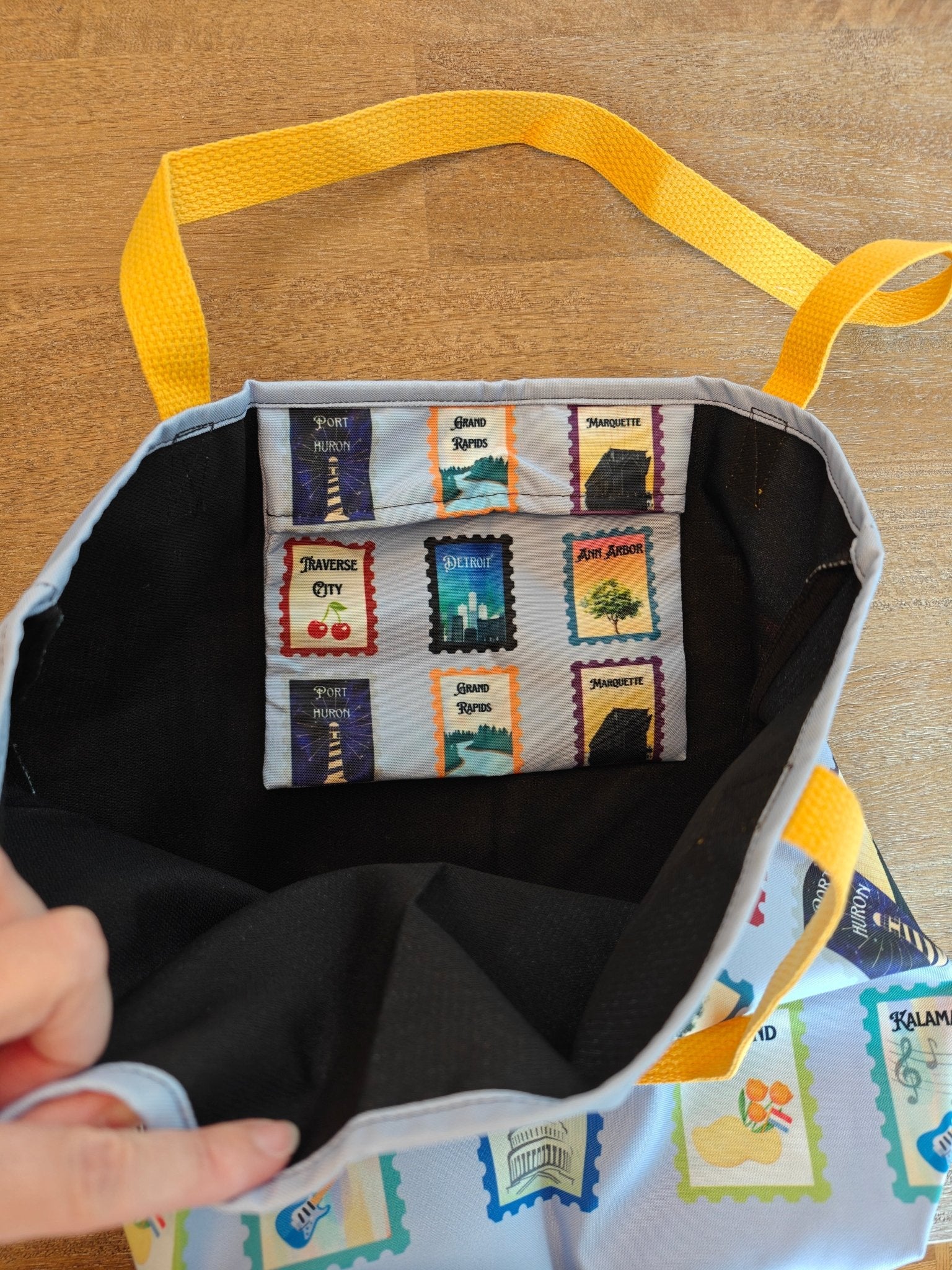 Lilac Michigan cities postage stamps Large Tote Bag for Michigander gifts - Original design by La Vie Bien Bags La Vie Bien Lilac Michigan cities postage stamps Large Tote Bag for Michigander gifts - Original design by La Vie Bien