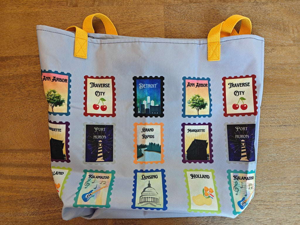 Lilac Michigan cities postage stamps Large Tote Bag for Michigander gifts - Original design by La Vie Bien Bags La Vie Bien Lilac Michigan cities postage stamps Large Tote Bag for Michigander gifts - Original design by La Vie Bien