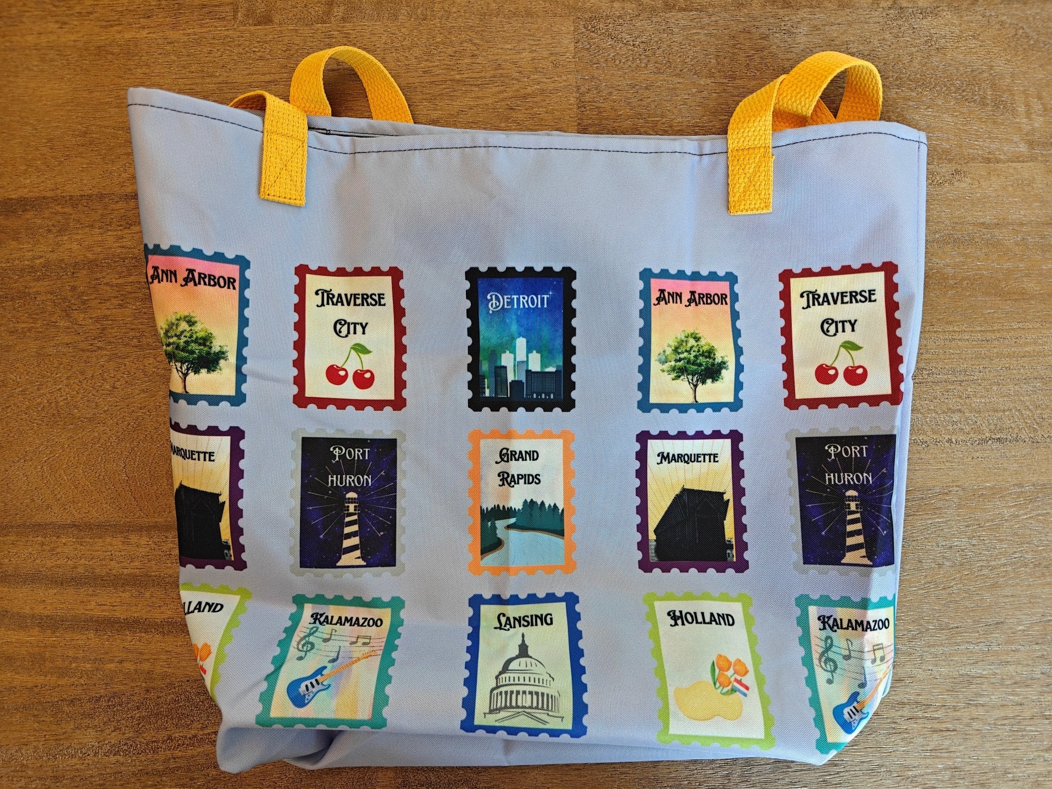 Lilac Michigan cities postage stamps Large Tote Bag for Michigander gifts - Original design by La Vie Bien Bags La Vie Bien Lilac Michigan cities postage stamps Large Tote Bag for Michigander gifts - Original design by La Vie Bien